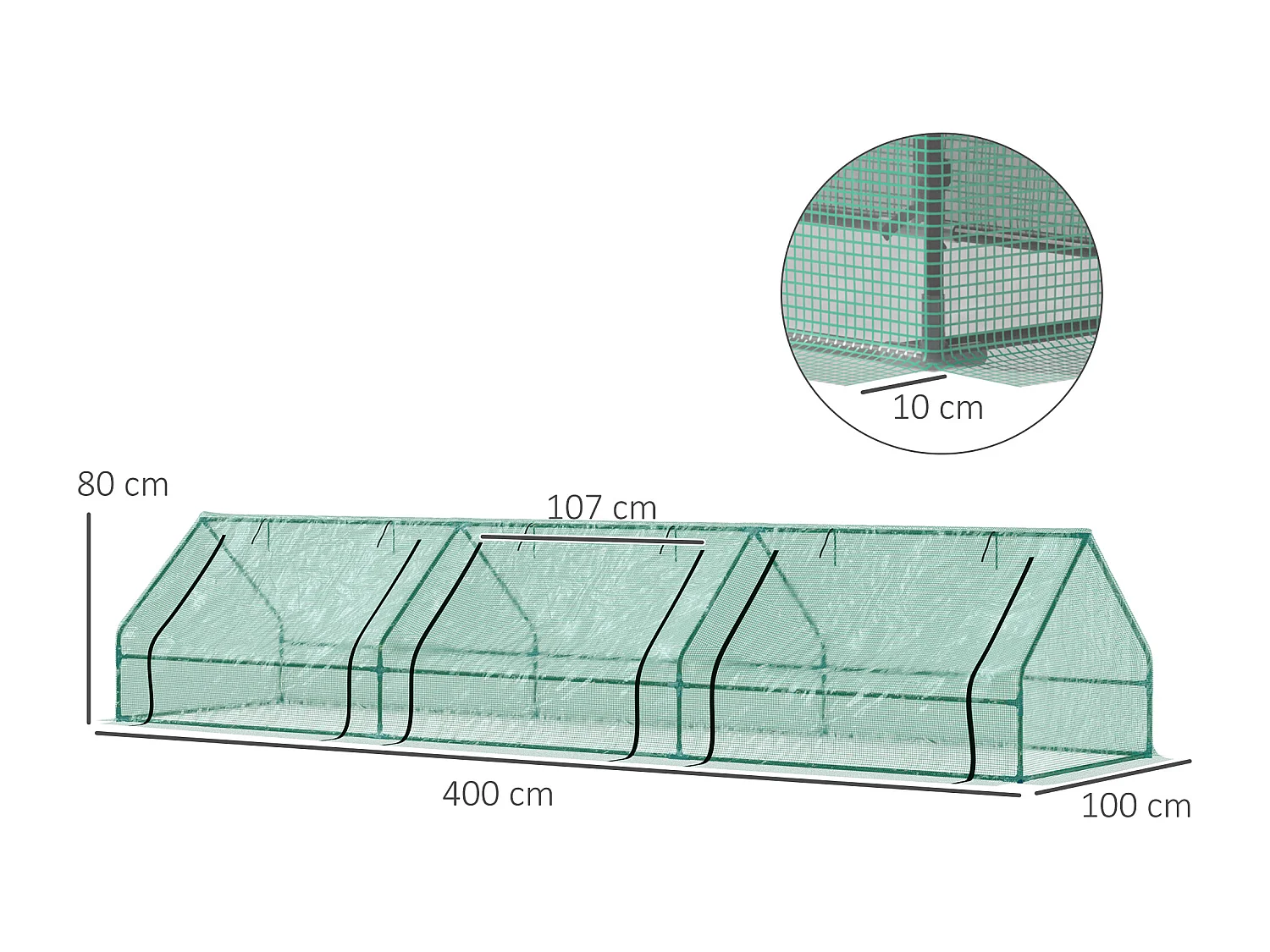 Serra per piante 4x1x0.8 m con 3 ingressi avvolgibili in acciaio e pe