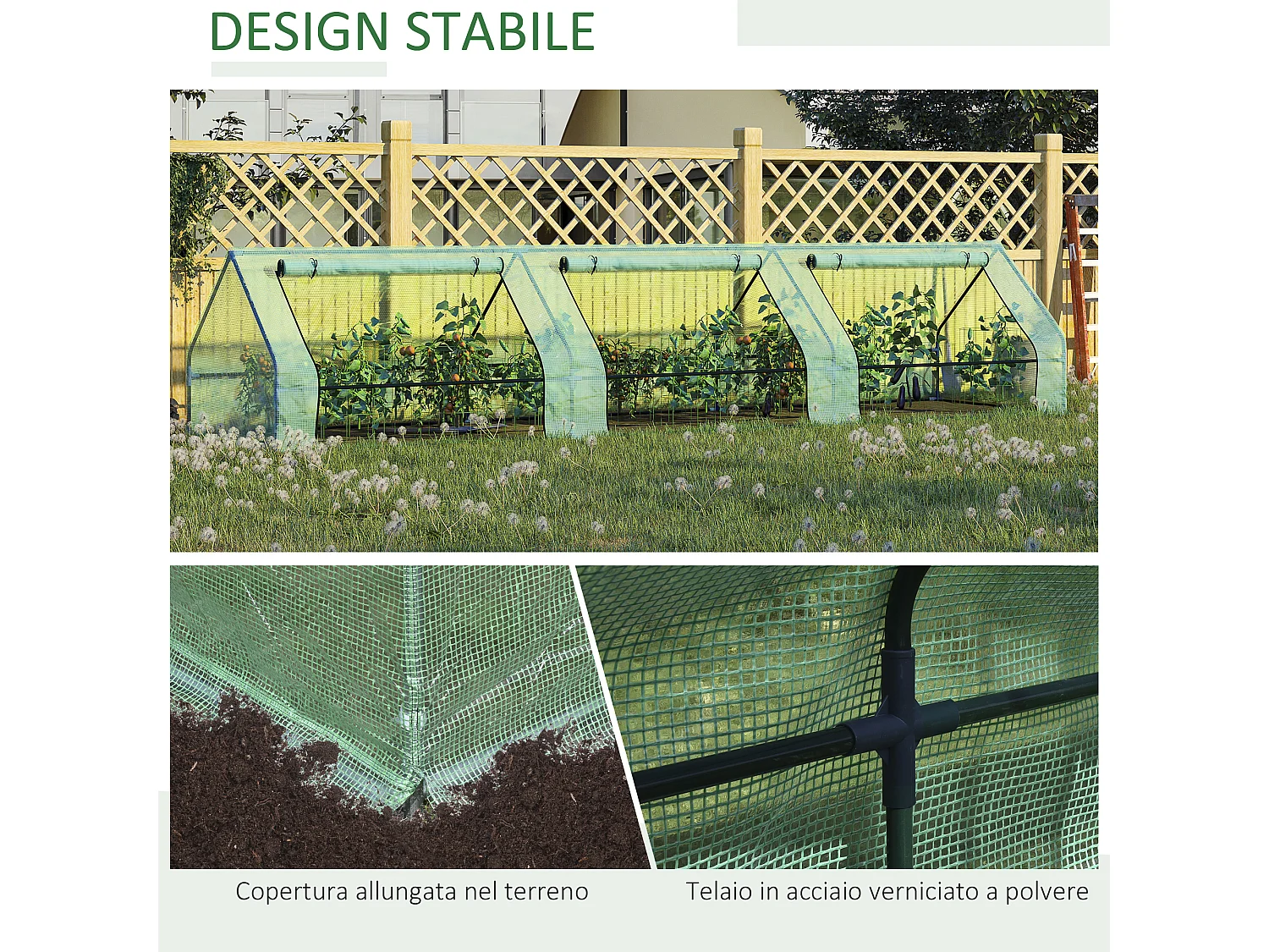 Serra per piante 4x1x0.8 m con 3 ingressi avvolgibili in acciaio e pe