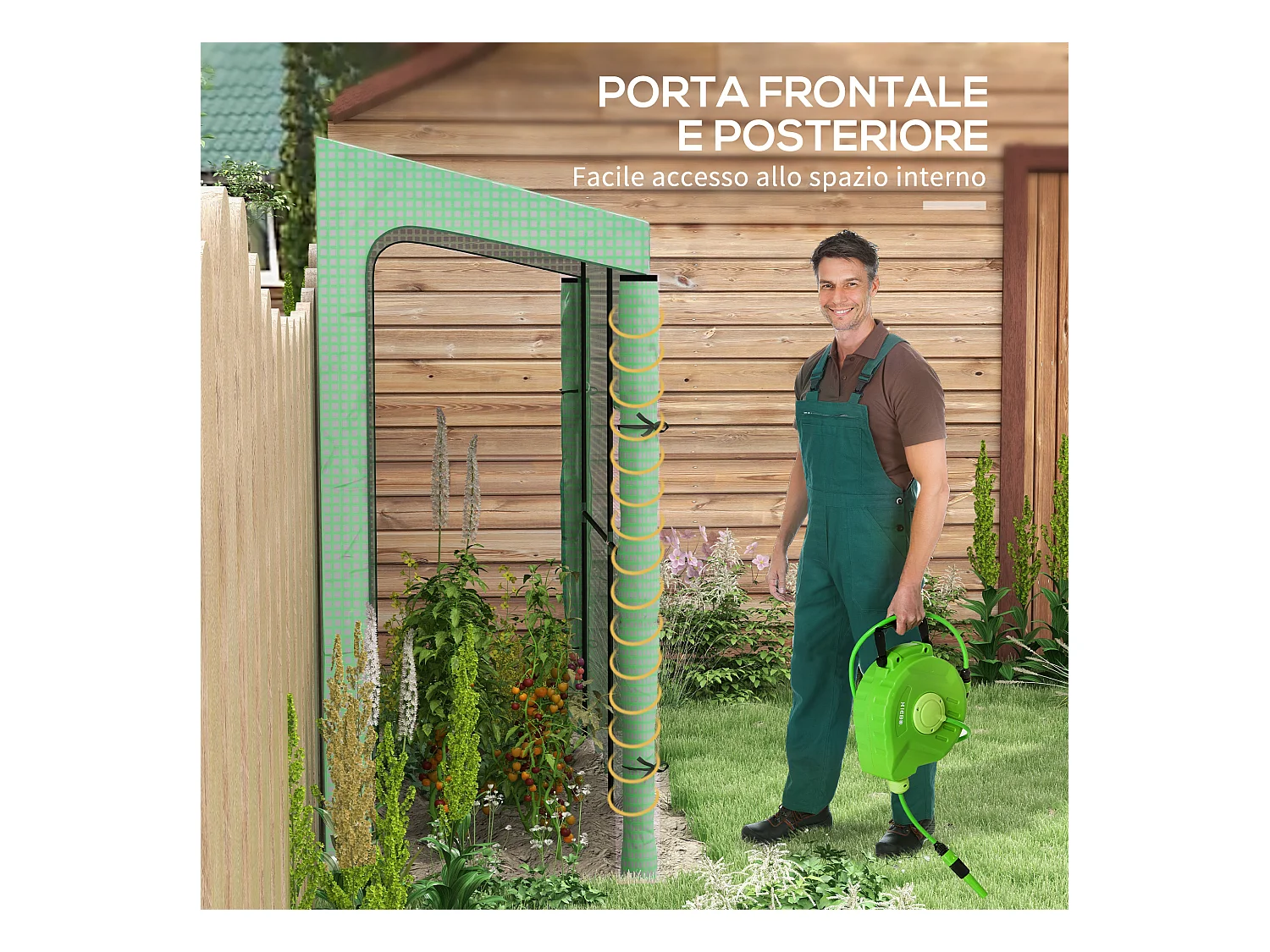 Serra da parete con 2 porte e copertura in pe anti uv verde