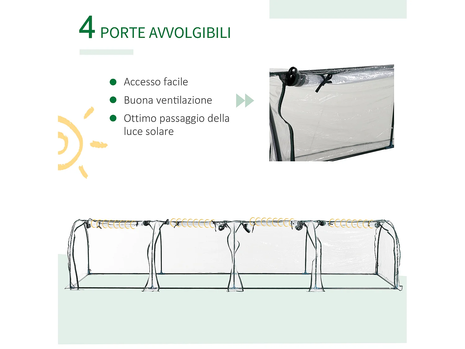 Serra a tunnel in acciaio e copertura pvc 4 porte a cerniera