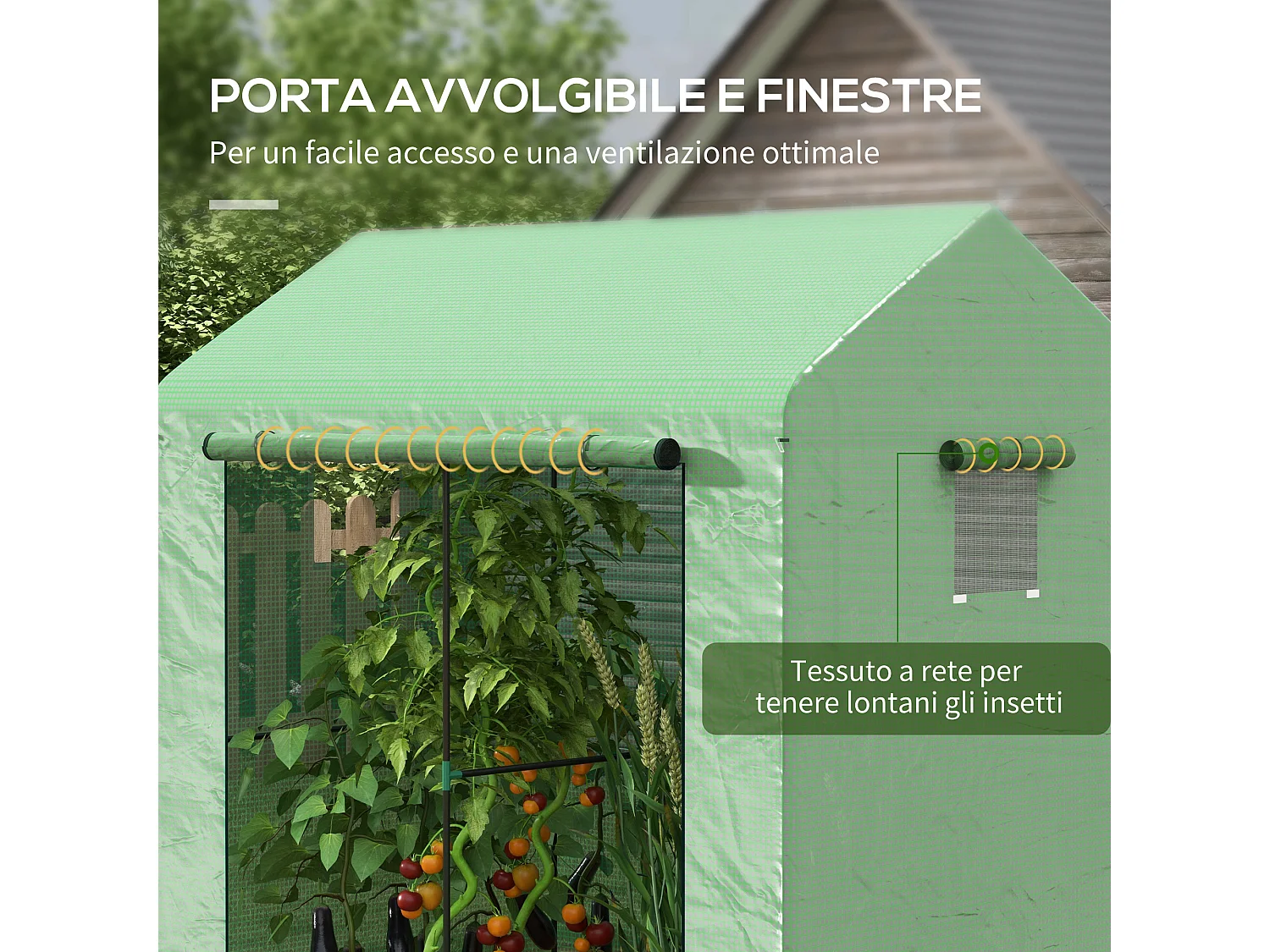 Serra a casetta a 2 sezioni con porta e finestre avvolgibili verde