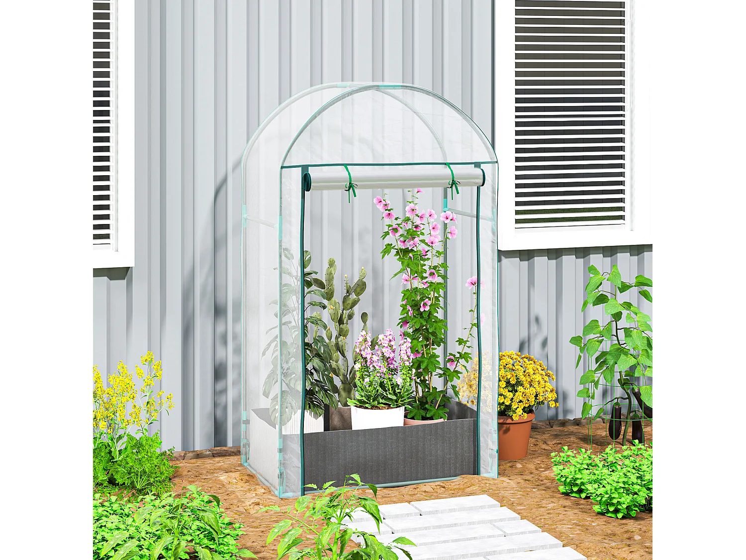 Serra a parete con sacco per piante e ingresso avvolgibile trasparente