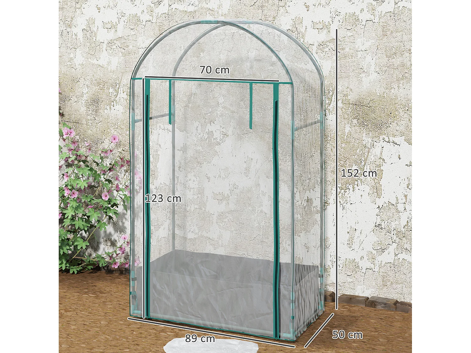 Serra a parete con sacco per piante e ingresso avvolgibile trasparente