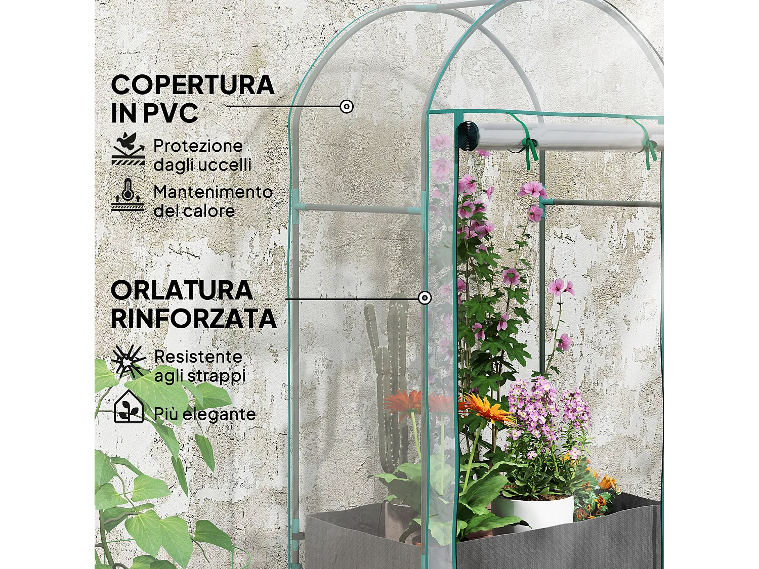 Serra a parete con sacco per piante e ingresso avvolgibile trasparente