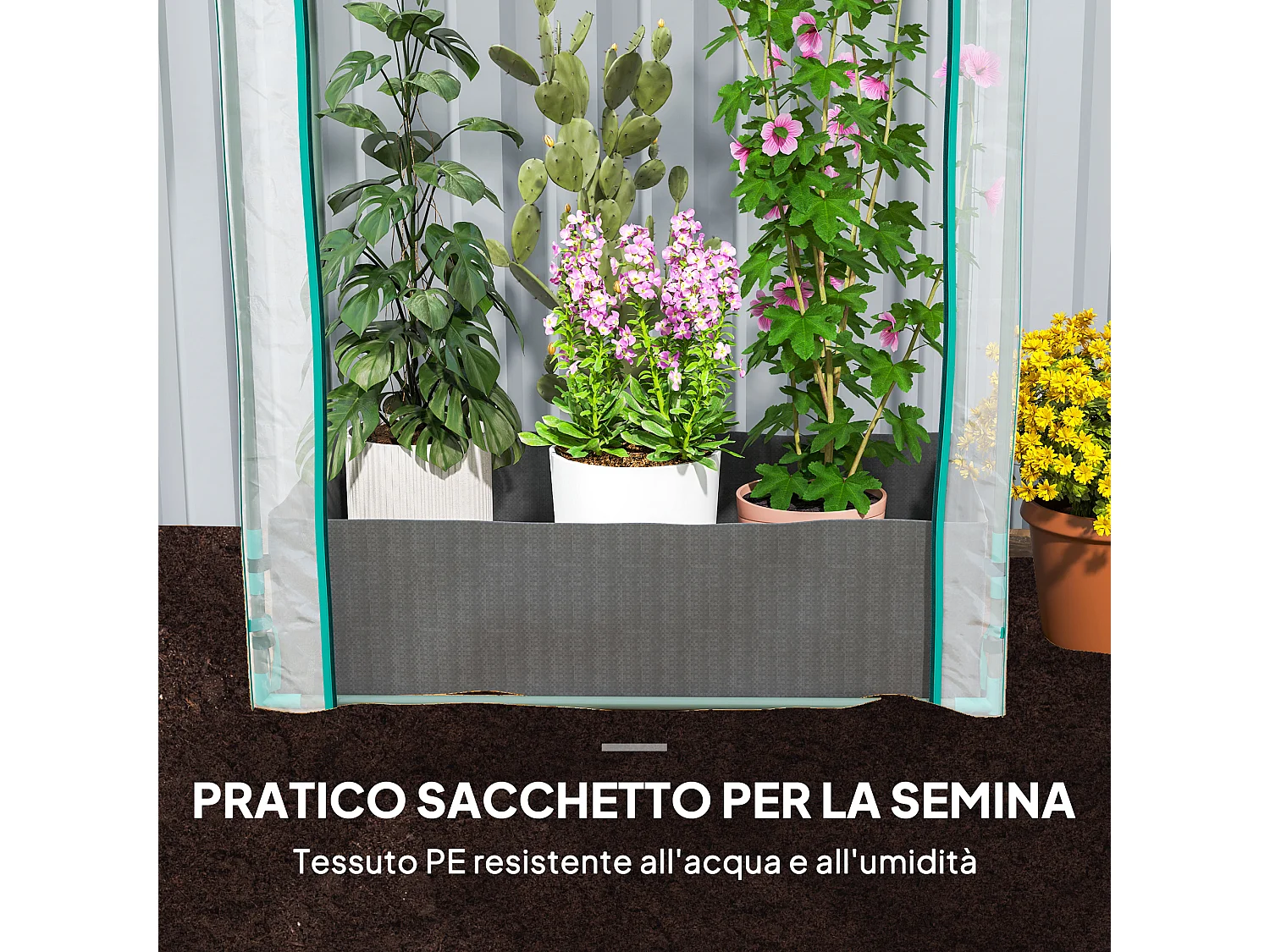 Serra a parete con sacco per piante e ingresso avvolgibile trasparente