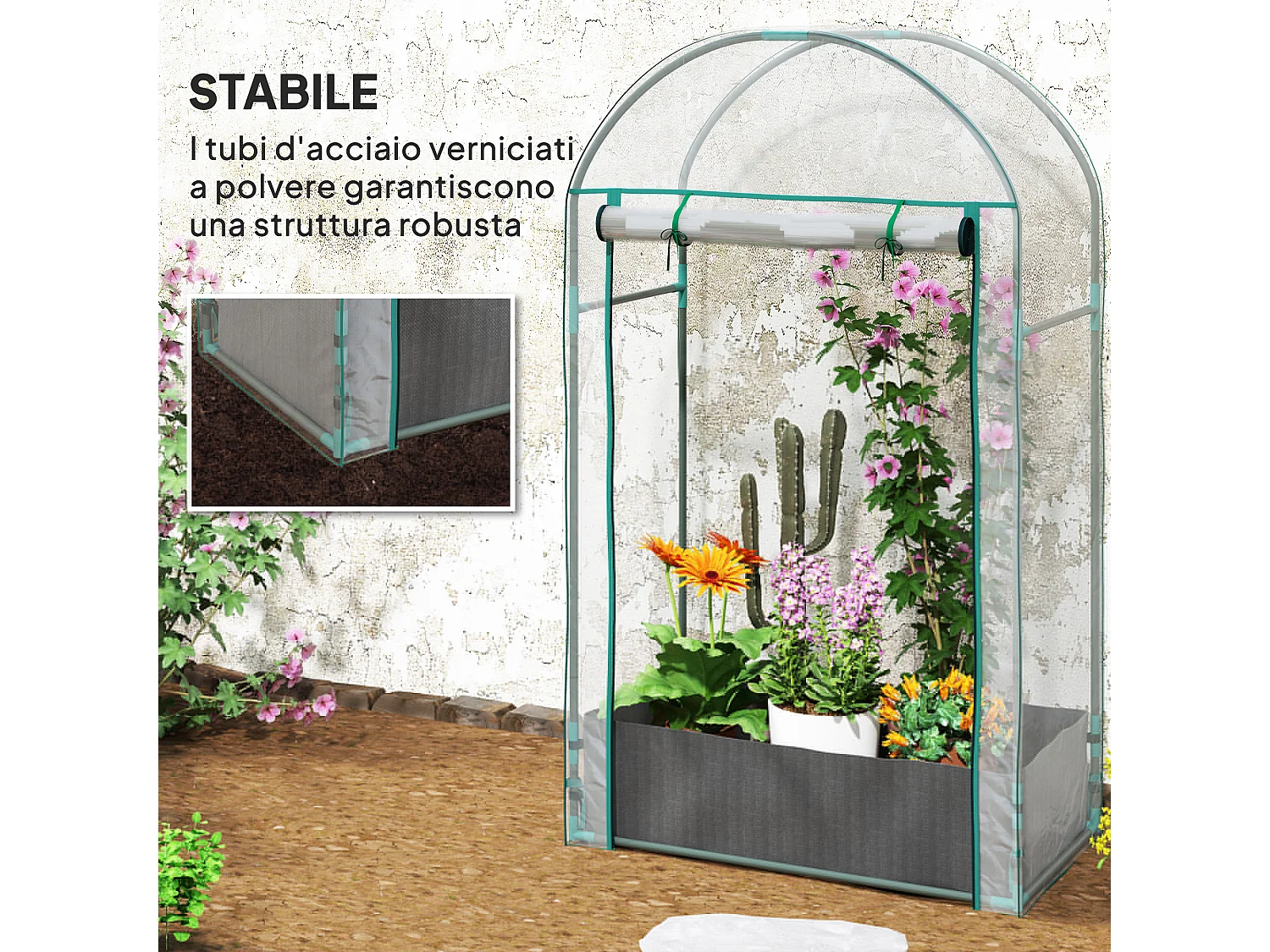 Serra a parete con sacco per piante e ingresso avvolgibile trasparente