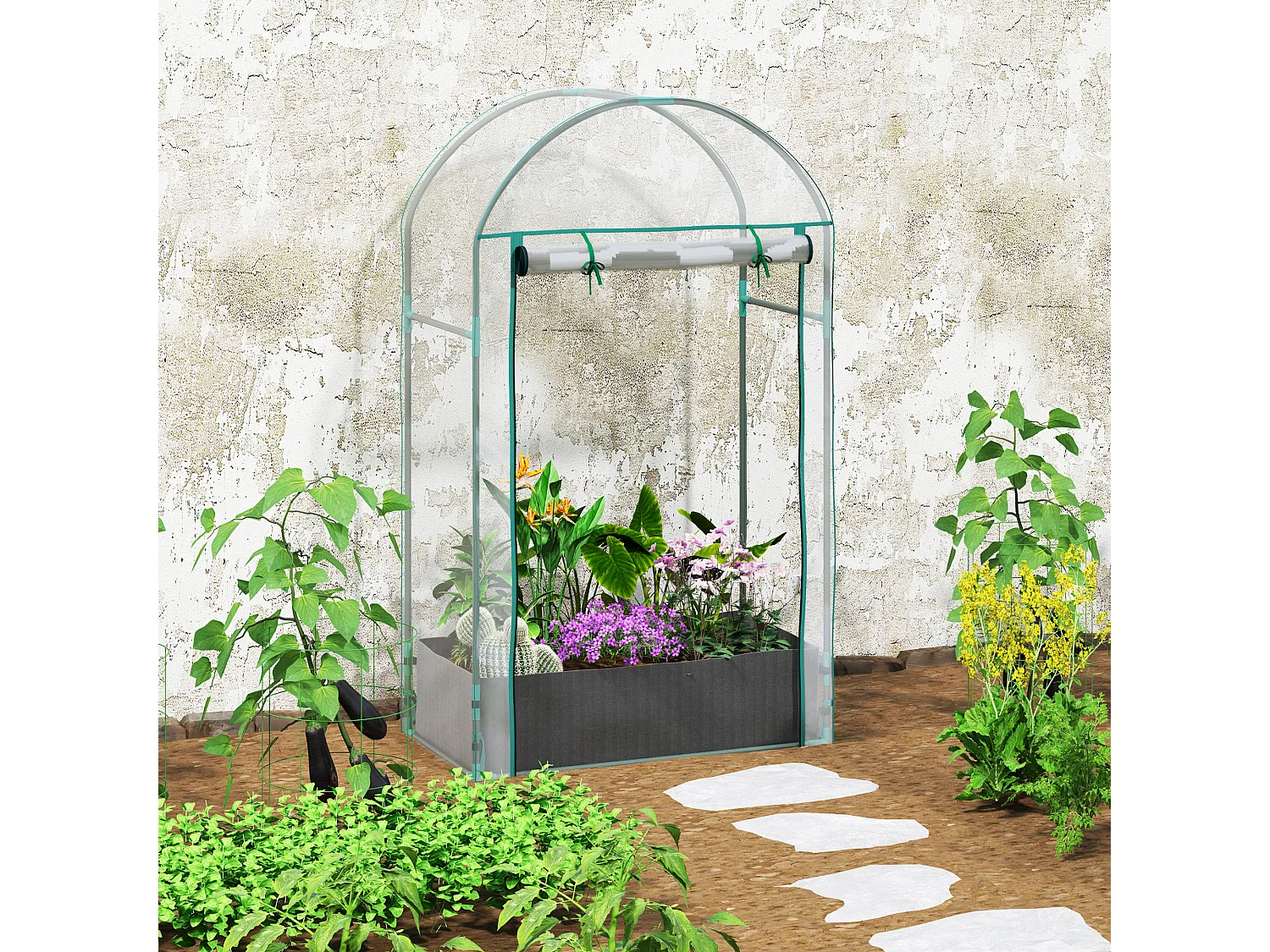 Serra a parete con sacco per piante e ingresso avvolgibile trasparente