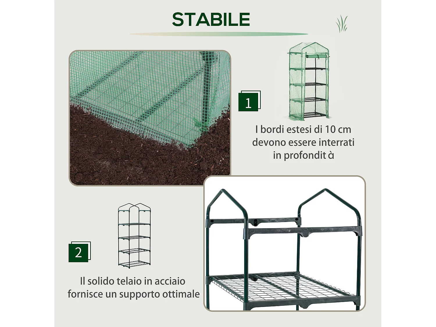 Serra verticale con 4 ripiani acciaio e pe verde 70x50x160cm