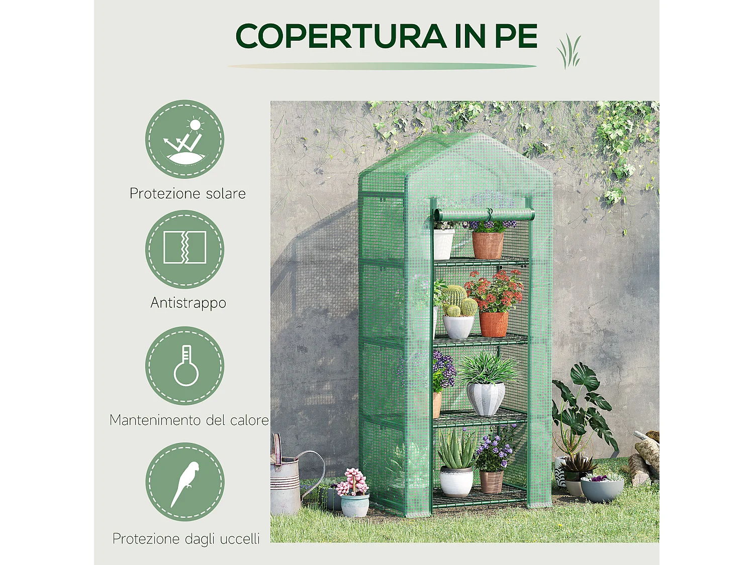 Serra verticale con 4 ripiani acciaio e pe verde 70x50x160cm