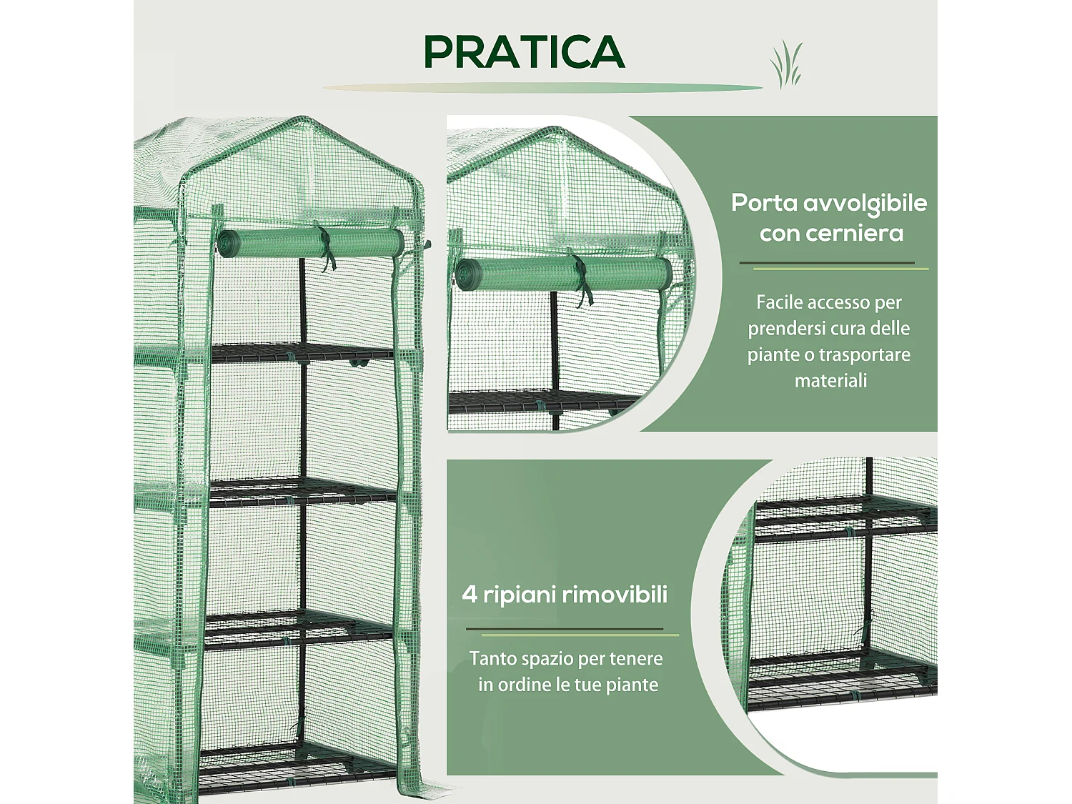 Serra verticale con 4 ripiani acciaio e pe verde 70x50x160cm