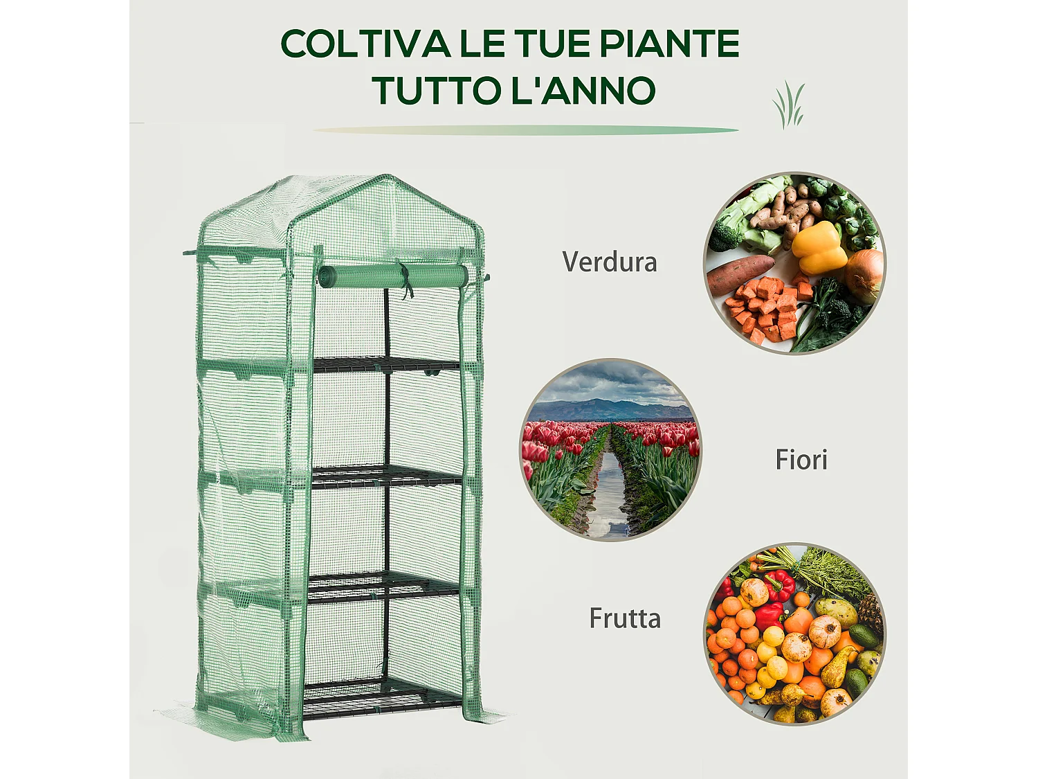 Serra verticale con 4 ripiani acciaio e pe verde 70x50x160cm