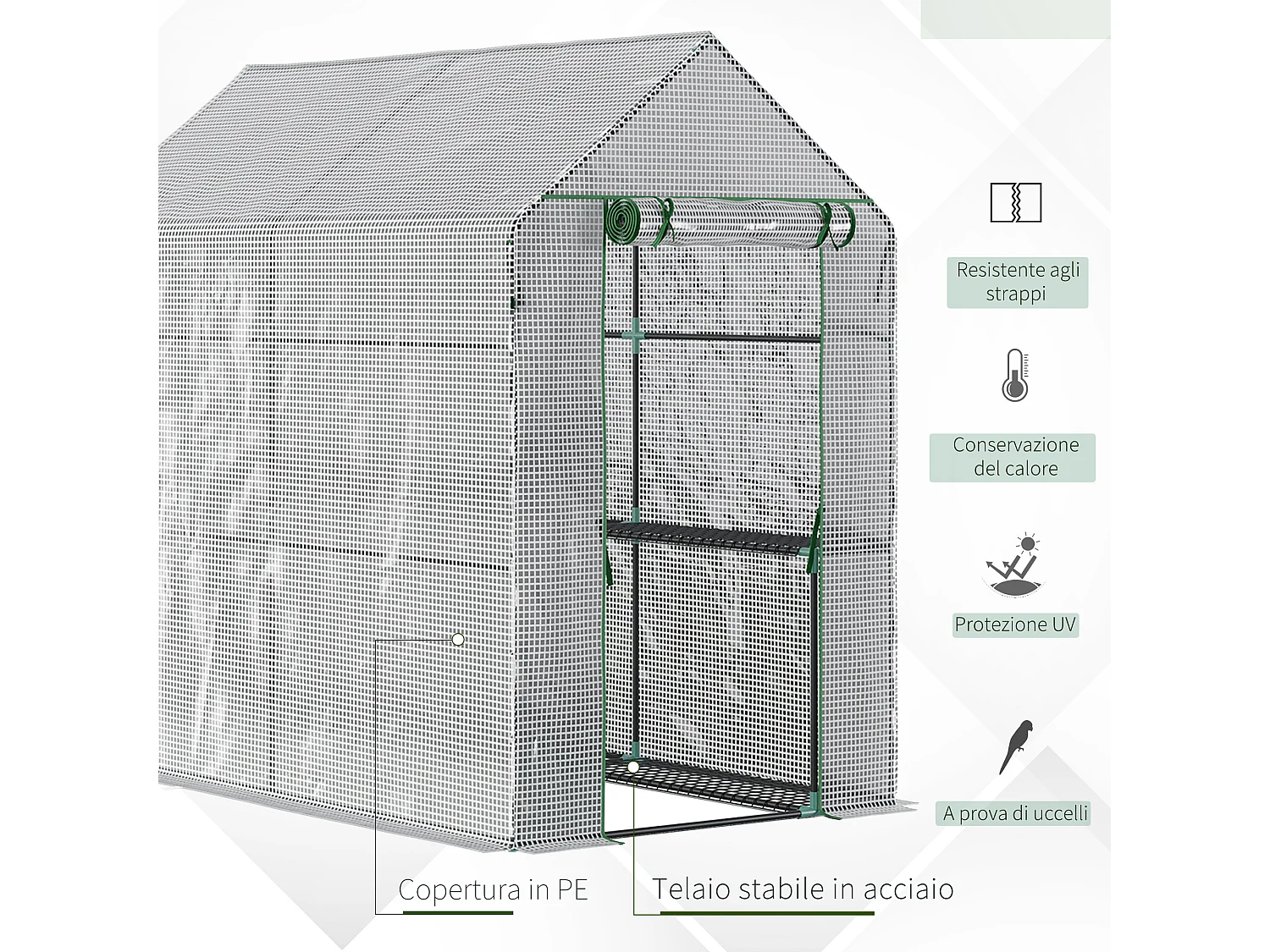 Serra a casetta rivestita in pe e porta a cerniera 186x120x190 cm