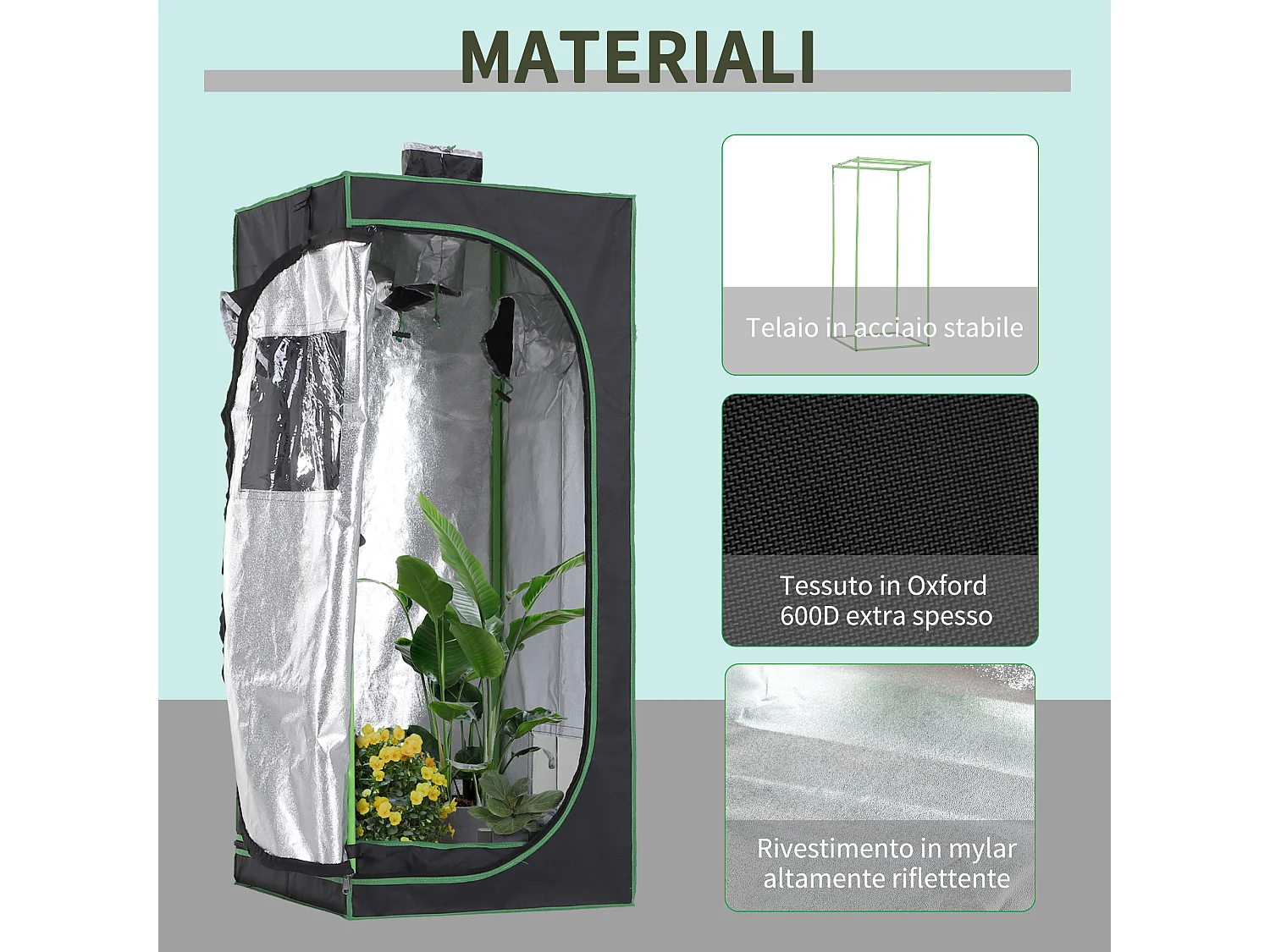Tenda da coltivazione idroponica in mylar e oxford 600d 60x60x140 cm