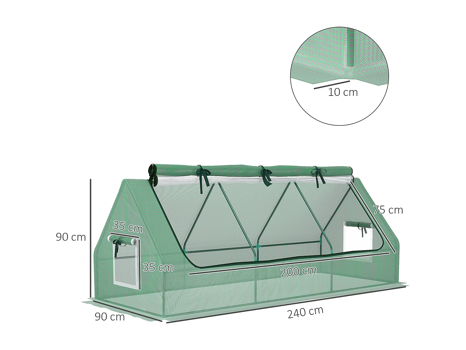 Serra piccola con 3 finestre in acciaio, pe e pp 240x90x90 cm verde