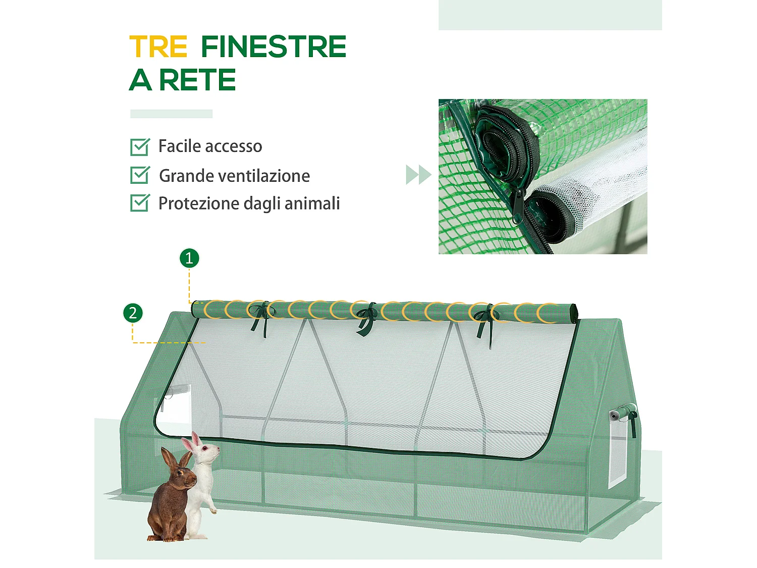 Serra piccola con 3 finestre in acciaio, pe e pp 240x90x90 cm verde