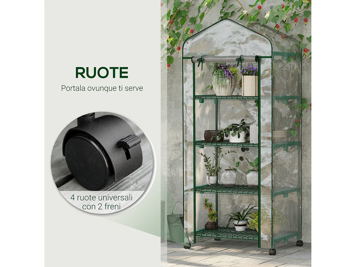 Serra verticale con 4 ripiani acciaio pvc verde 69x50x165cm