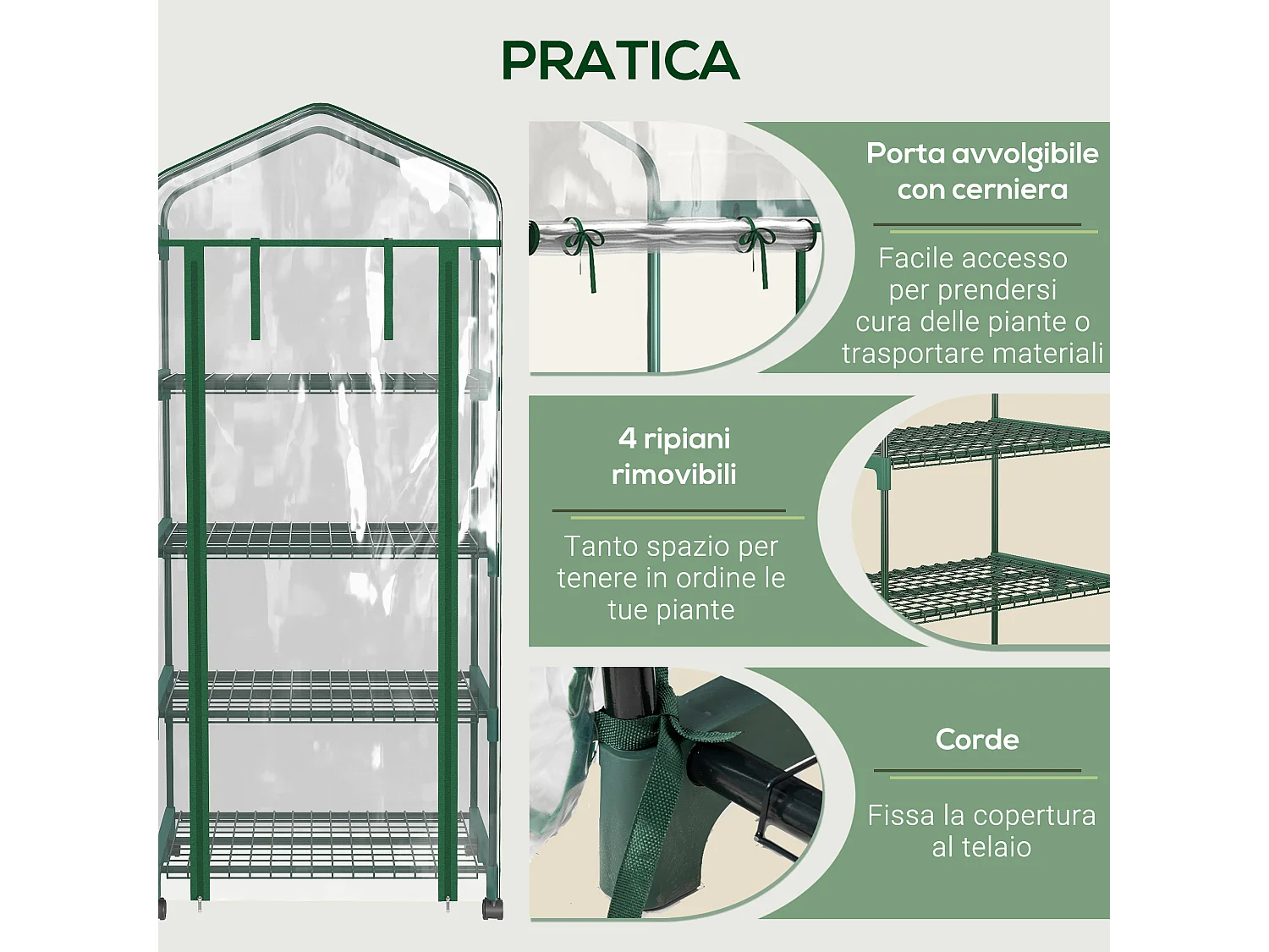Serra verticale con 4 ripiani acciaio pvc verde 69x50x165cm
