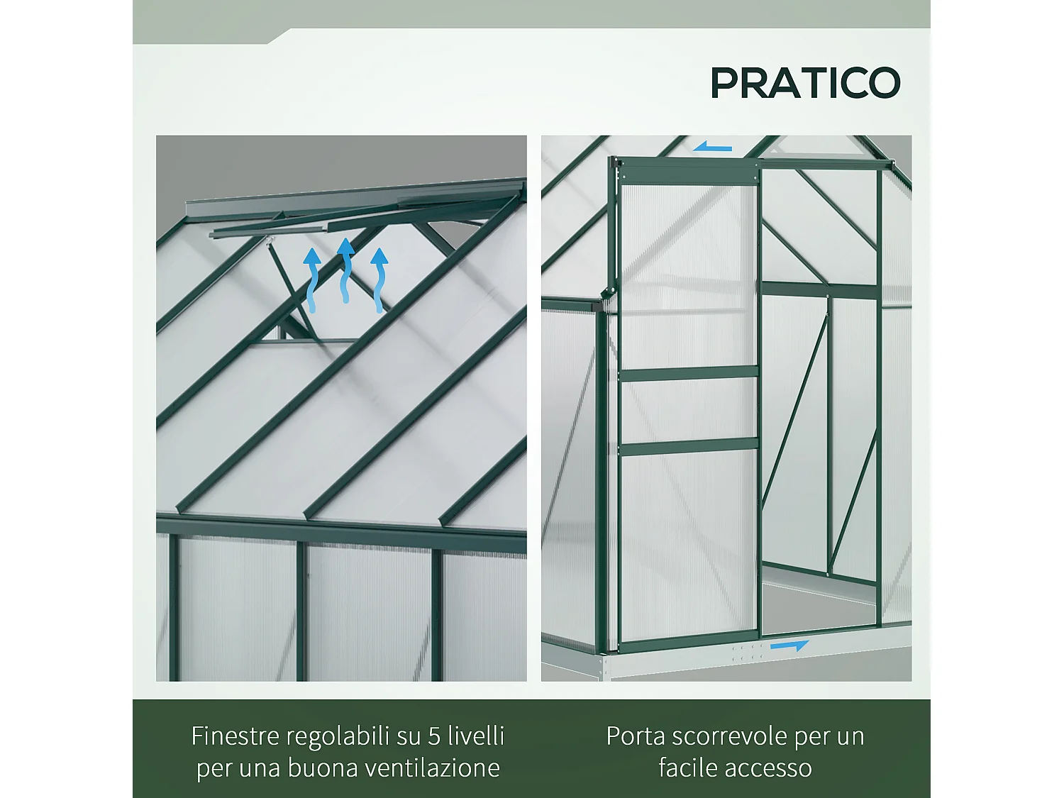 Serra per piante policarbonato 190x375x199cm porta scorrevole