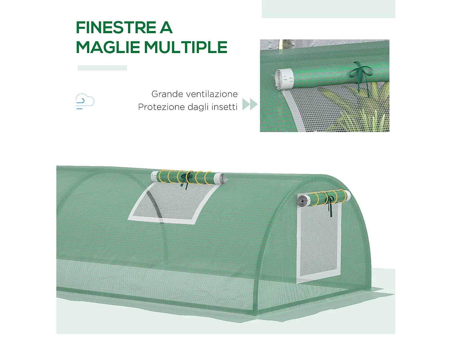 Serra piccola con 5 finestrelle in acciaio pe e pp 300x80x45 cm verde