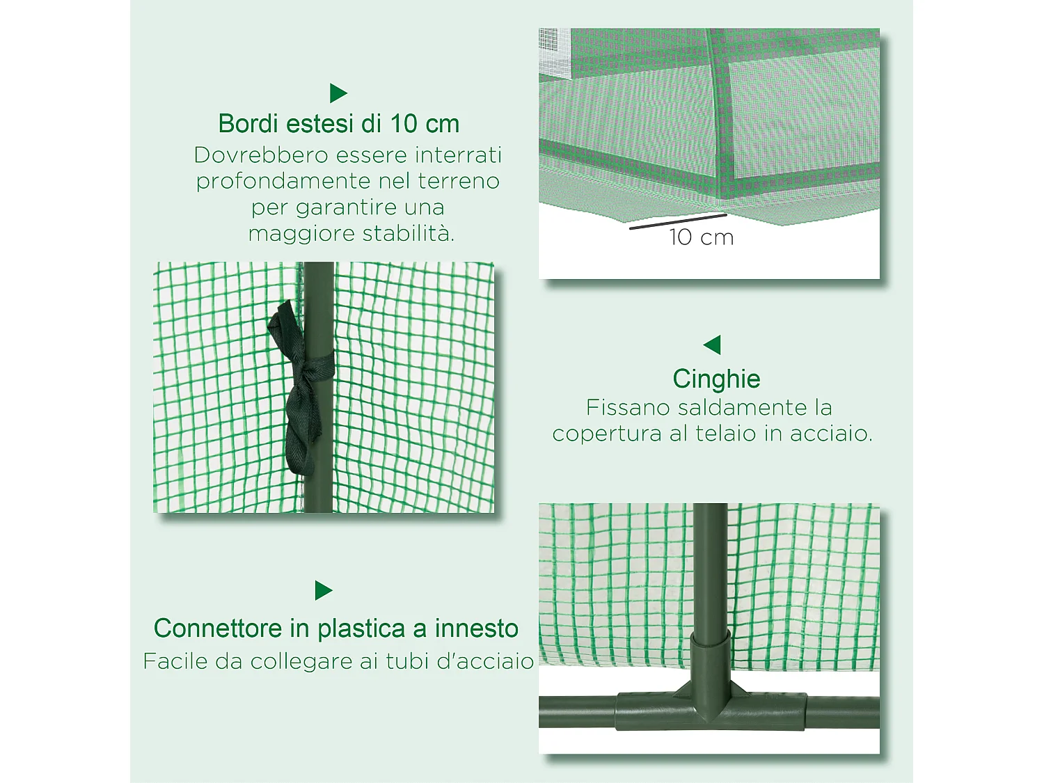 Serra piccola con 5 finestrelle in acciaio pe e pp 300x80x45 cm verde