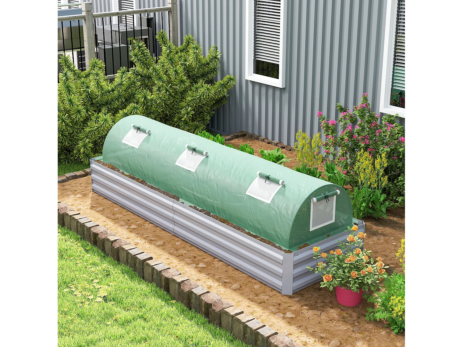 Serra piccola con 5 finestrelle in acciaio pe e pp 300x80x45 cm verde