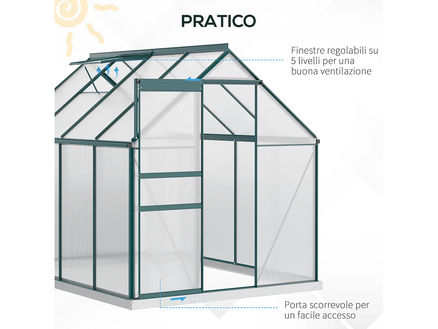 Serra per piante policarbonato 190x253x199cm porta scorrevole