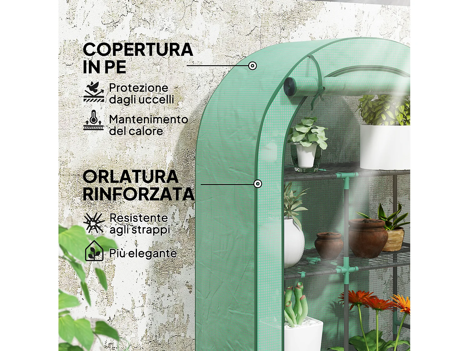 Serra a parete a 4 livelli in acciaio e pe con porta a cerniera verde