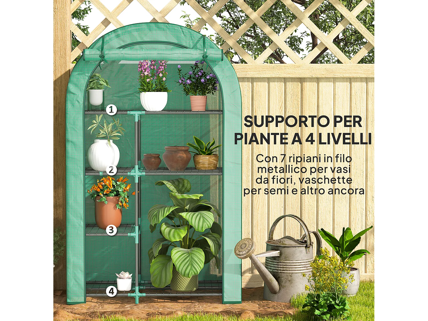 Serra a parete a 4 livelli in acciaio e pe con porta a cerniera verde