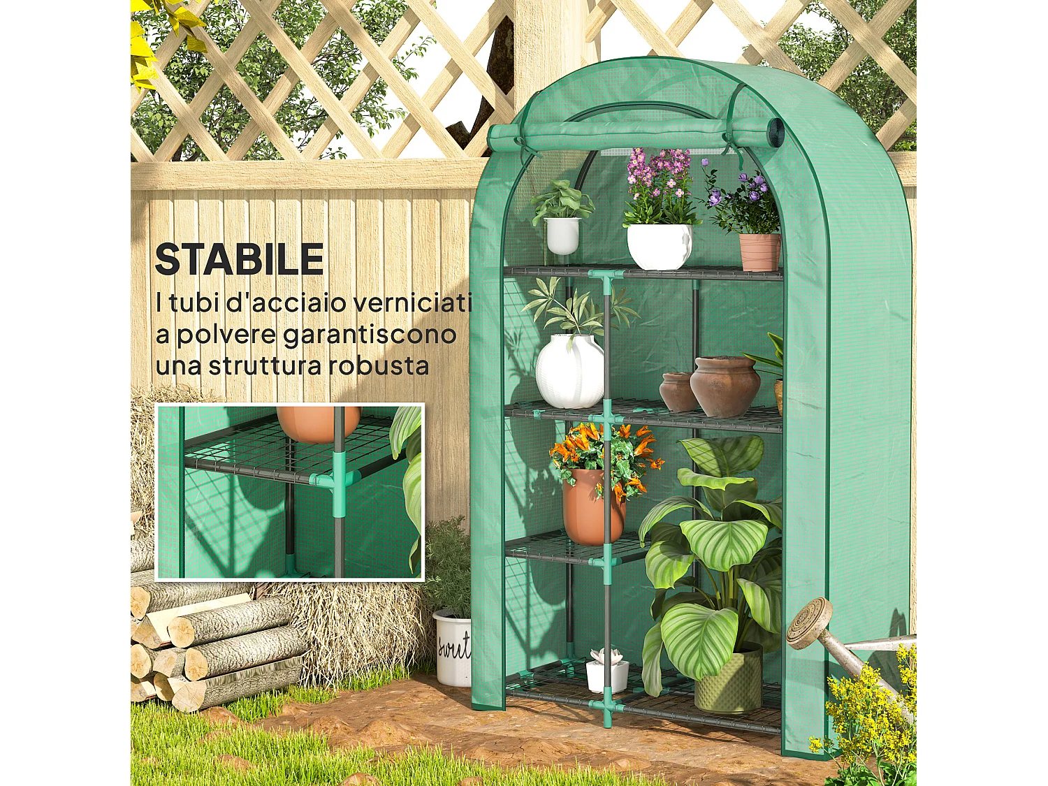 Serra a parete a 4 livelli in acciaio e pe con porta a cerniera verde