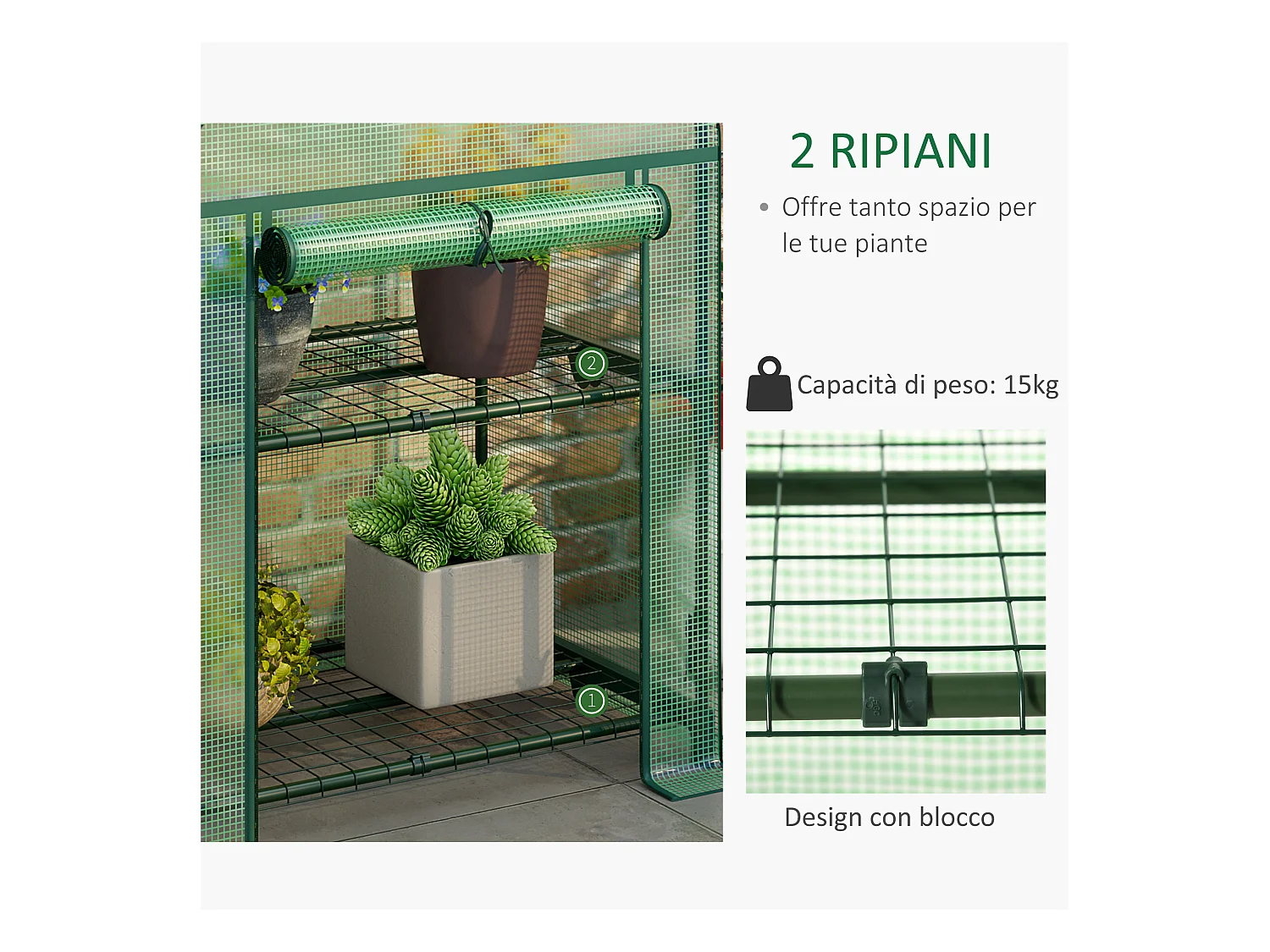 Mini serra con 2 ripiani in metallo copertura pe 69x49x92cm