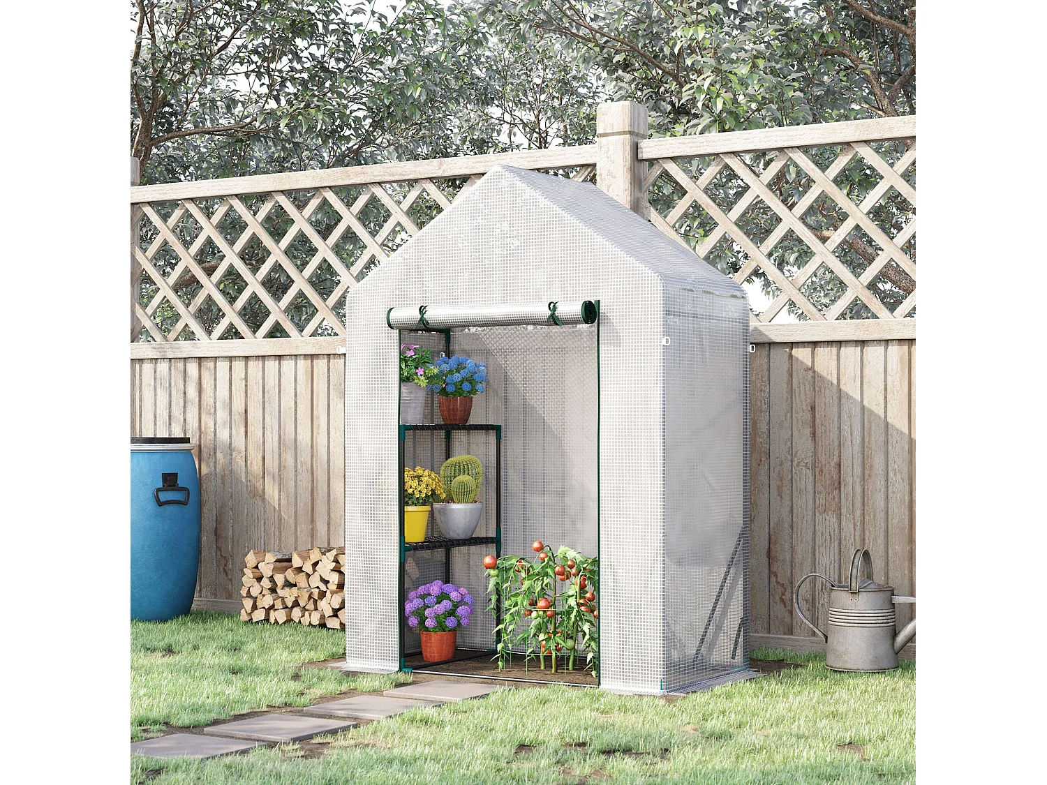 Serra da giardino con 2 scaffali e porta avvolgibile bianca