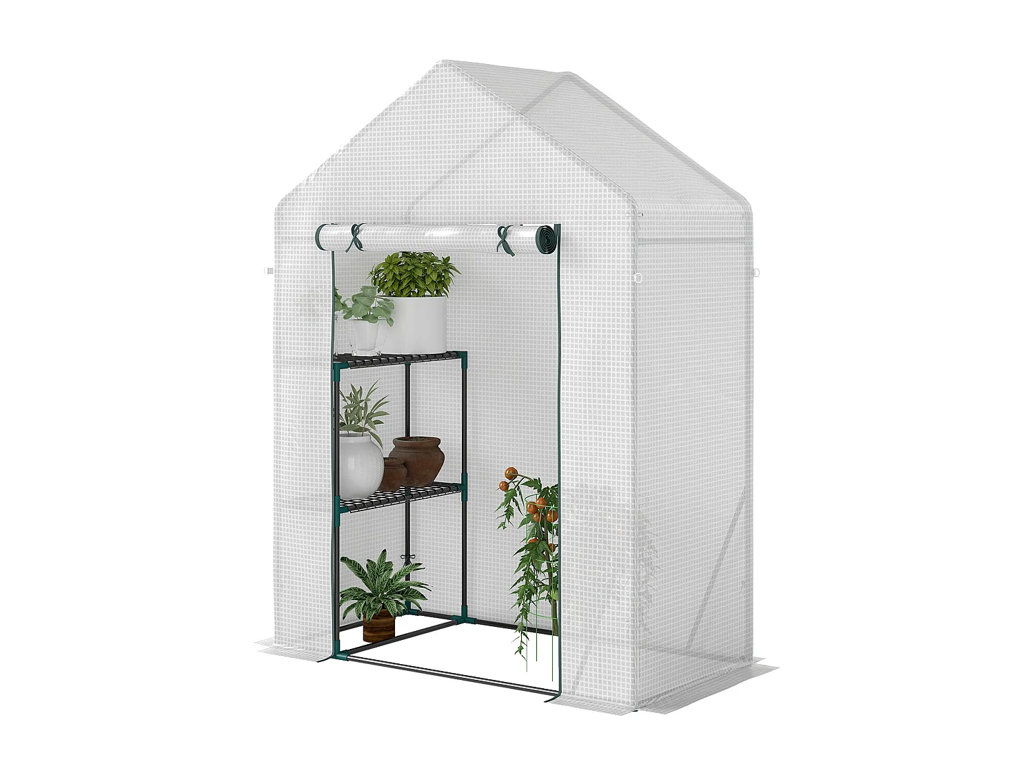 Serra da giardino con 2 scaffali e porta avvolgibile bianca