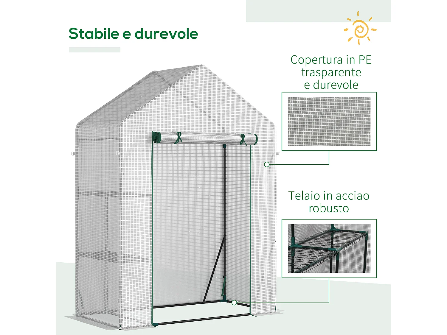 Serra da giardino con 2 scaffali e porta avvolgibile bianca
