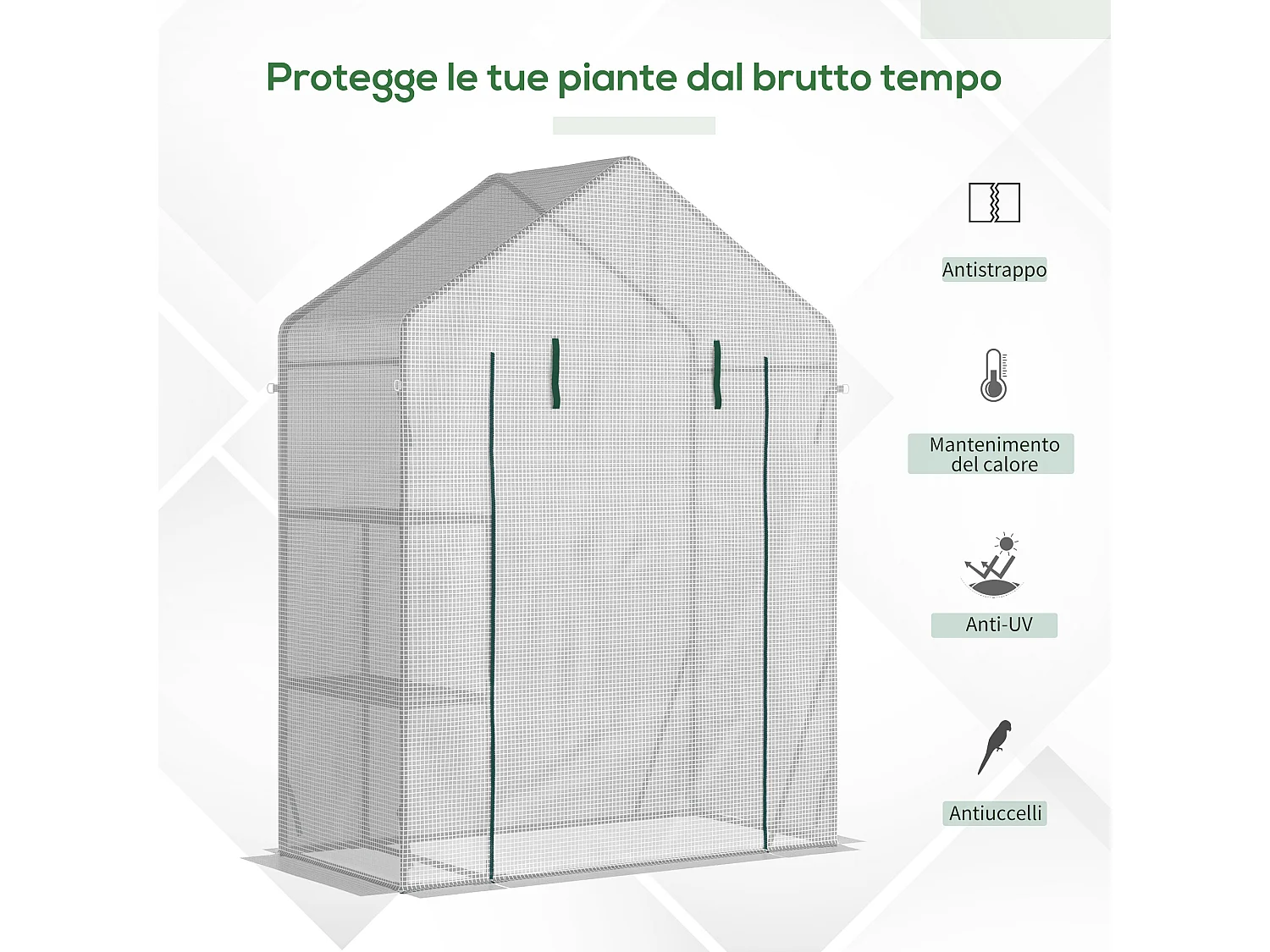 Serra da giardino con 2 scaffali e porta avvolgibile bianca