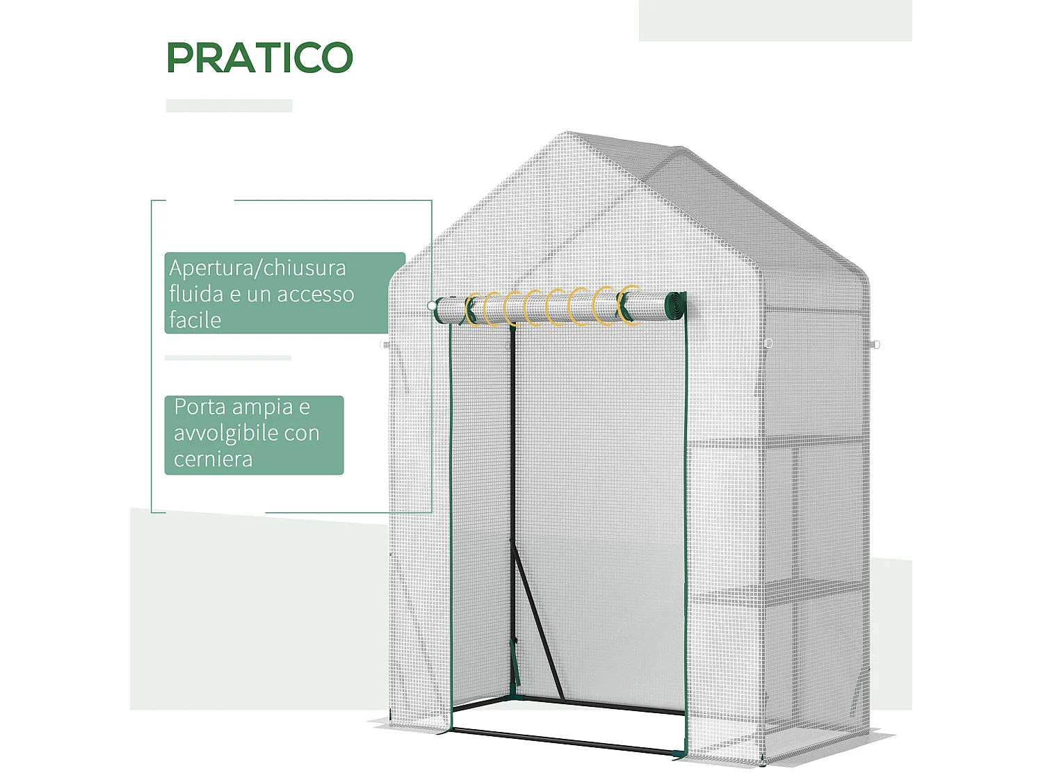 Serra da giardino con 2 scaffali e porta avvolgibile bianca