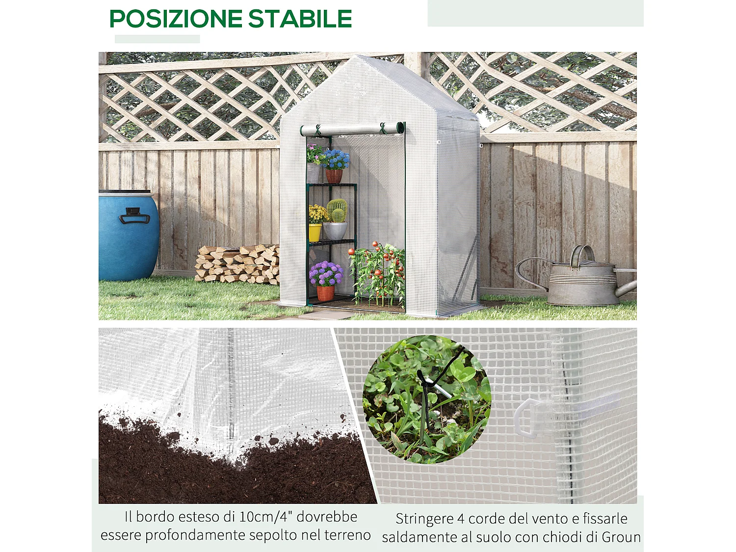 Serra da giardino con 2 scaffali e porta avvolgibile bianca