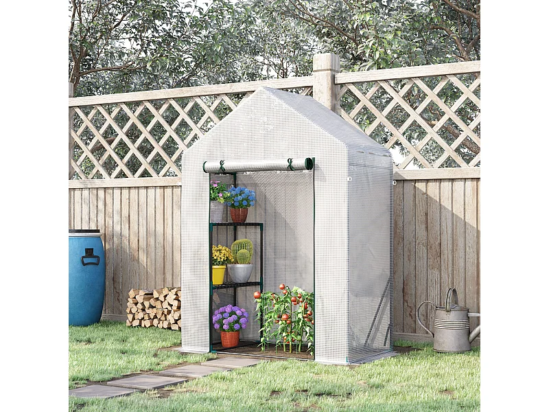 Serra da giardino con 2 scaffali e porta avvolgibile bianca