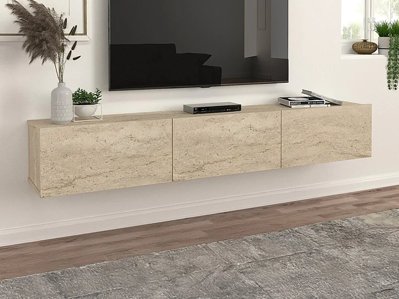 Meuble TV suspendu avec 3 portes - Effet travertin - VIKILA