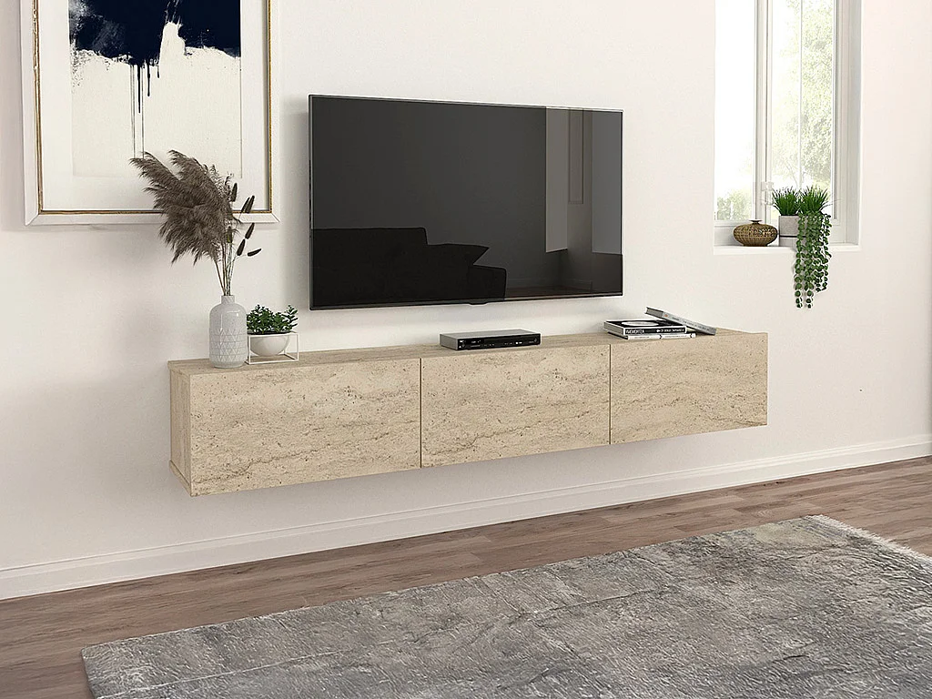 Meuble TV suspendu avec 3 portes - Effet travertin - VIKILA