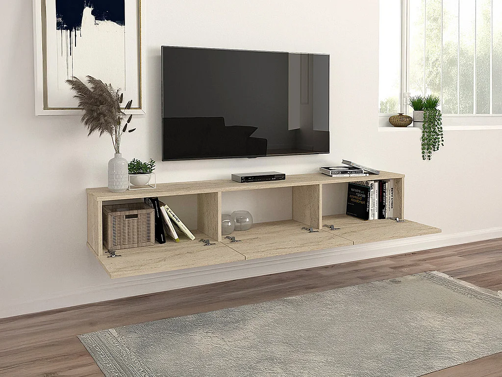 Meuble TV suspendu avec 3 portes - Effet travertin - VIKILA