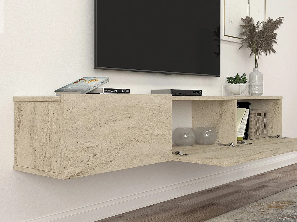 Meuble TV suspendu avec 3 portes - Effet travertin - VIKILA