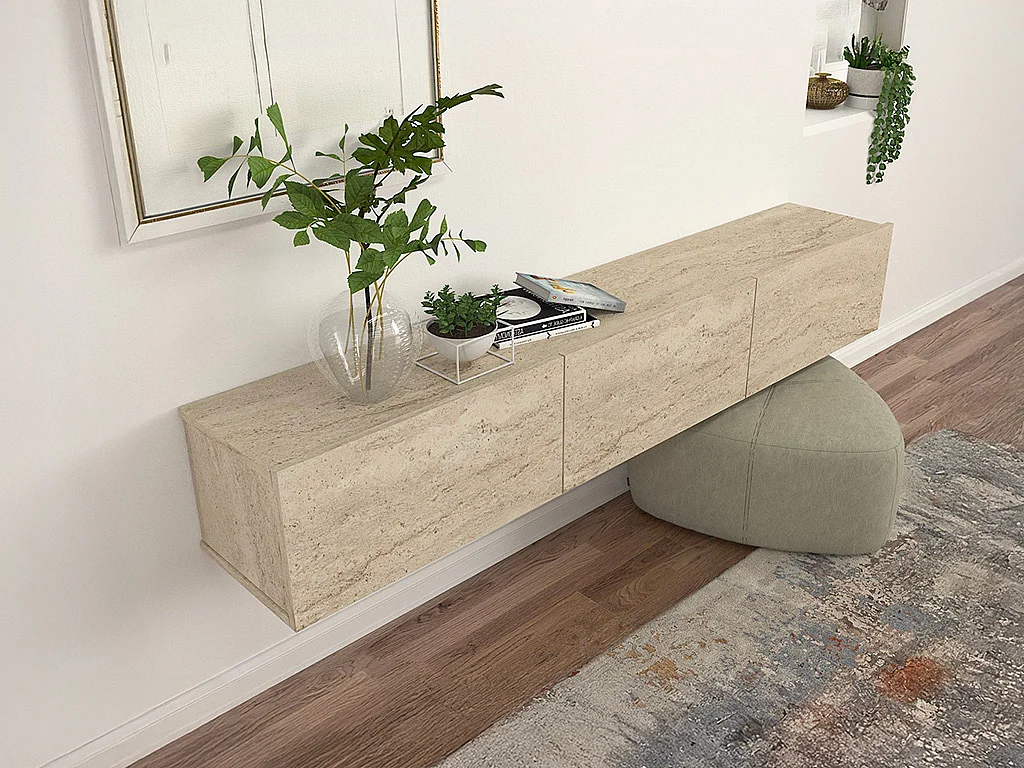 Meuble TV suspendu avec 3 portes - Effet travertin - VIKILA