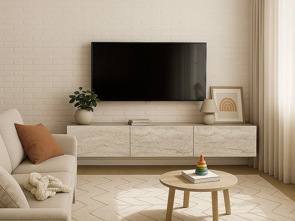 Meuble TV suspendu avec 3 portes - Effet travertin - VIKILA