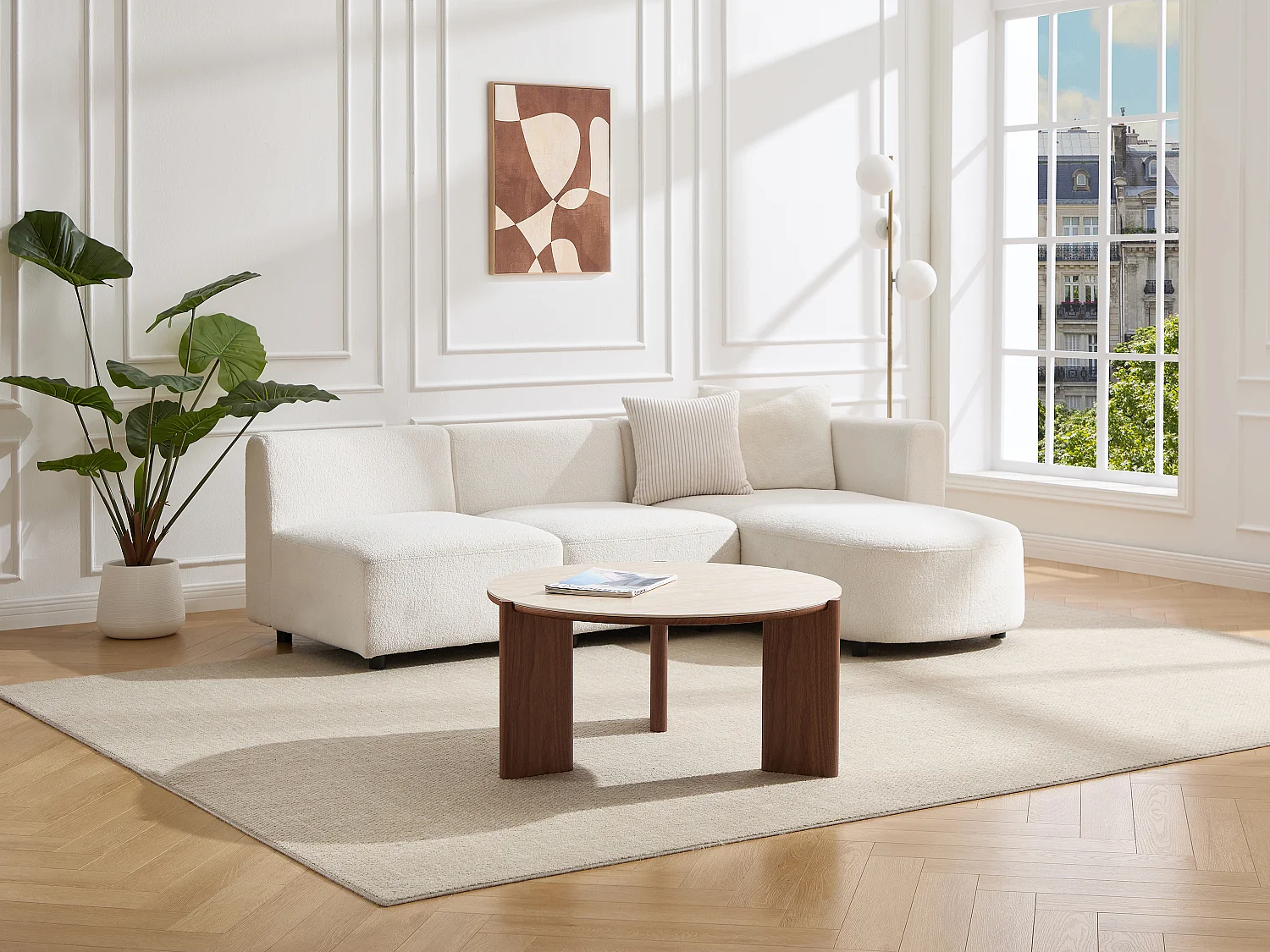 Table basse en céramique et placage noyer - Effet travertin et naturel - MUNYRA