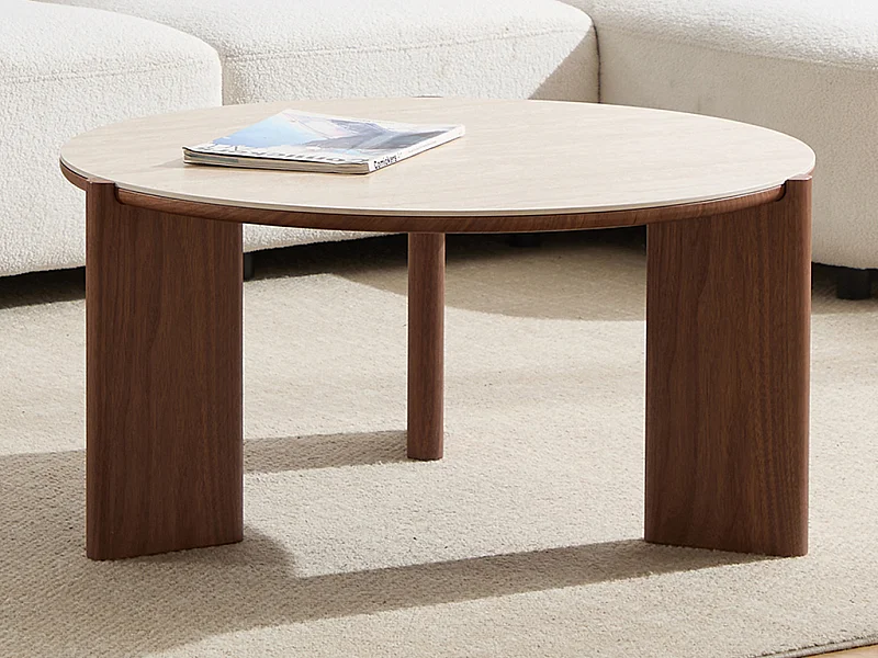 Table basse en céramique et placage noyer - Effet travertin et naturel - MUNYRA