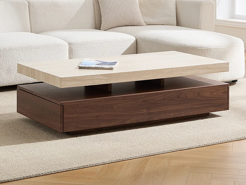 Table basse avec 2 tiroirs en MDF - Effet travertin et naturel foncé - FELIX