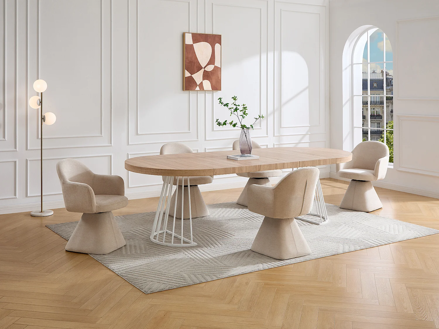 Table à manger extensible 2 à 12 personnes en MDF et acier - Naturel clair et blanc - FIRELA