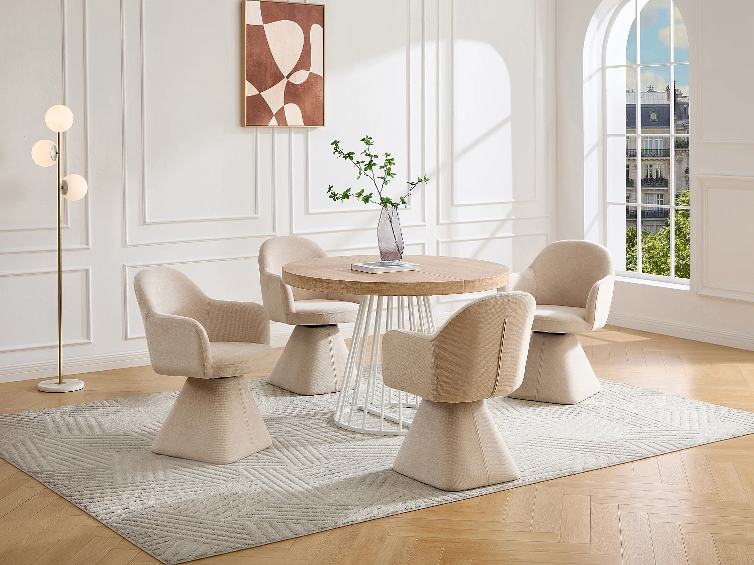 Table à manger extensible 2 à 12 personnes en MDF et acier - Naturel clair et blanc - FIRELA