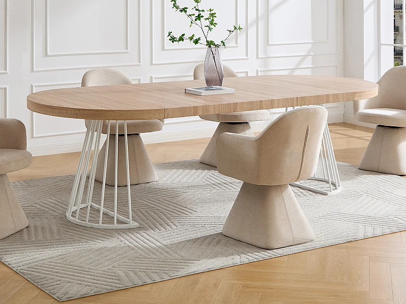 Table à manger extensible 2 à 12 personnes en MDF et acier - Naturel clair et blanc - FIRELA