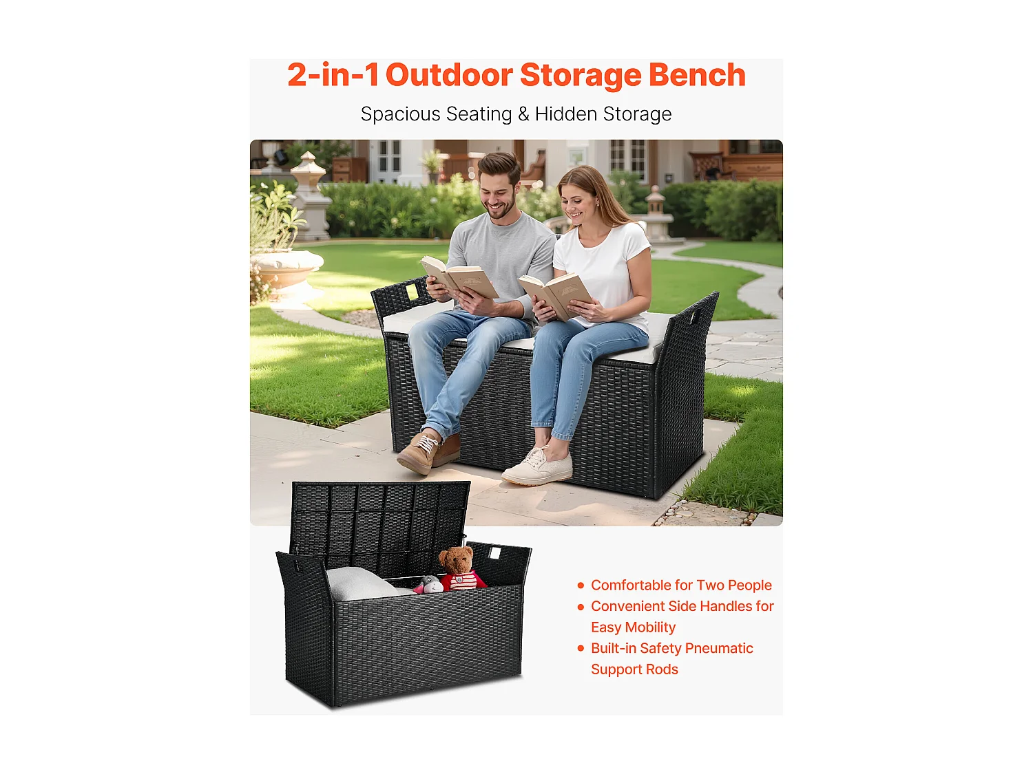 Banco de Almacenamiento SucceBuy, Exterior de Ratán Sintético, Cofre de Jardín de 340 L, Capacidad de Carga de 362,9 kg, Asiento de Exterior para Patio, Jardín